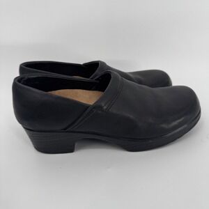 Ana tech Black Leather Slip On Block Heel Clogs Women's Size 41 US 10